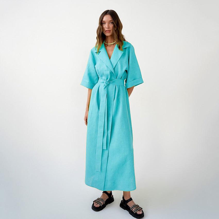 European American Summer New Fashion Casual Women's Solid Color Slit Design A- Line Skirt Tailored Collar Dress - Trendy Mix