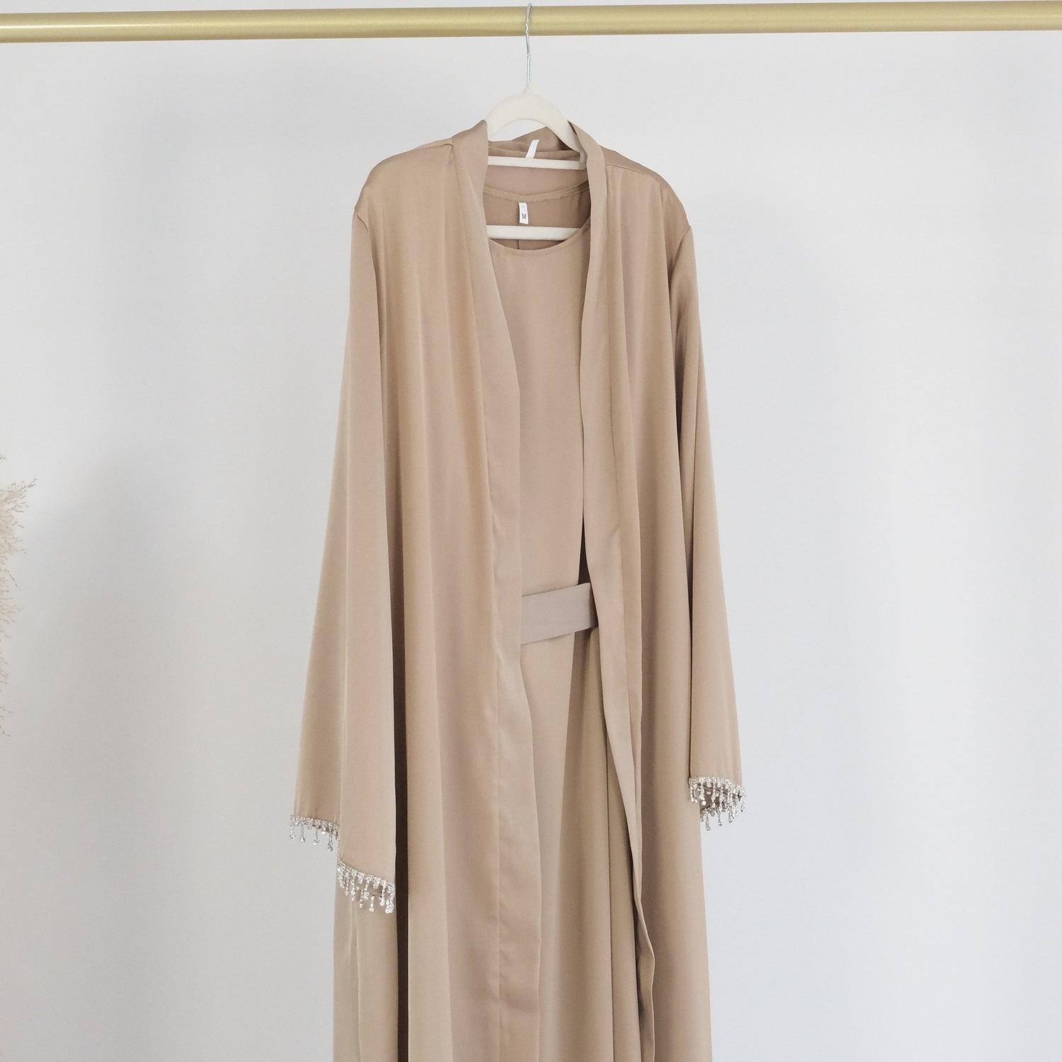 Muslim Lace-Up Solid Colour Beaded Cardigan Robe - Trendy Mix