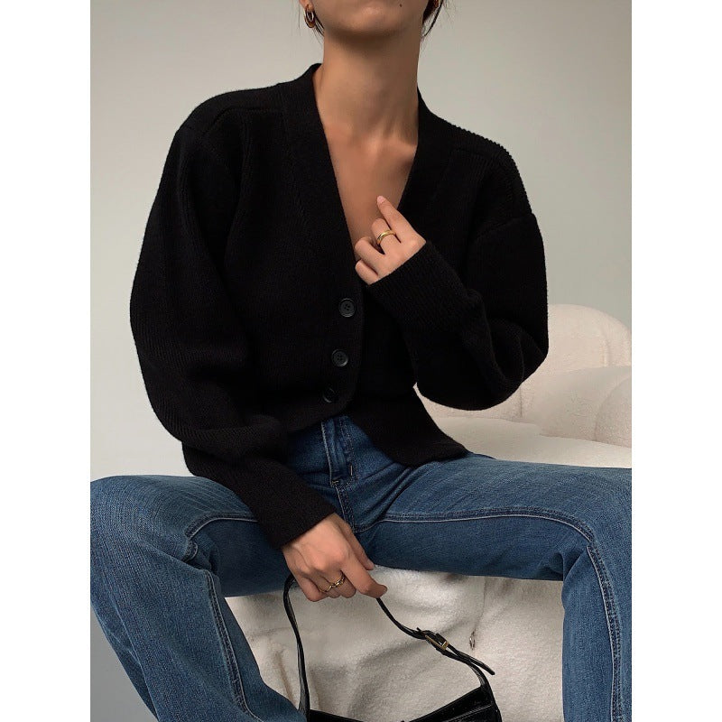 Fashion V-neck Sweater Coat Women New Style Short Long Sleeves