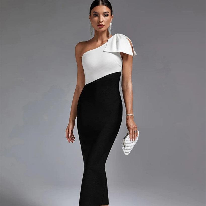 Shoulder Bow Stitching Long Bandage One-piece Dress - Trendy Mix