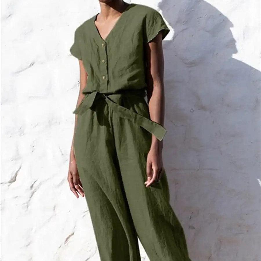 Chic Women's V-neck Cropped Jumpsuit with Lace-up Detail and Short Sleeves - Trendy Mix