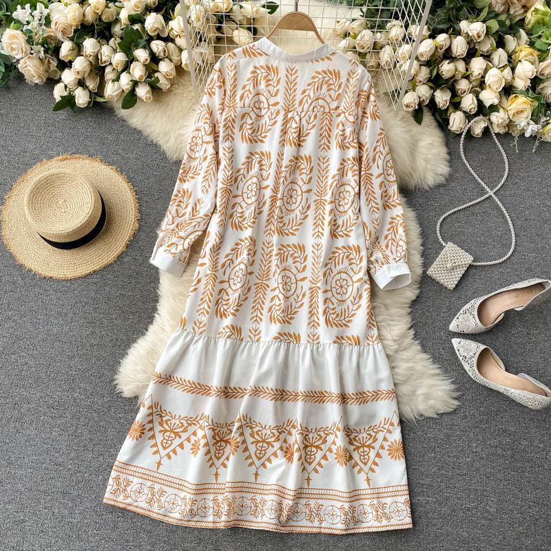 Holiday Style Printed Mid-length Loose Lotus Leaf Dress Women - Trendy Mix