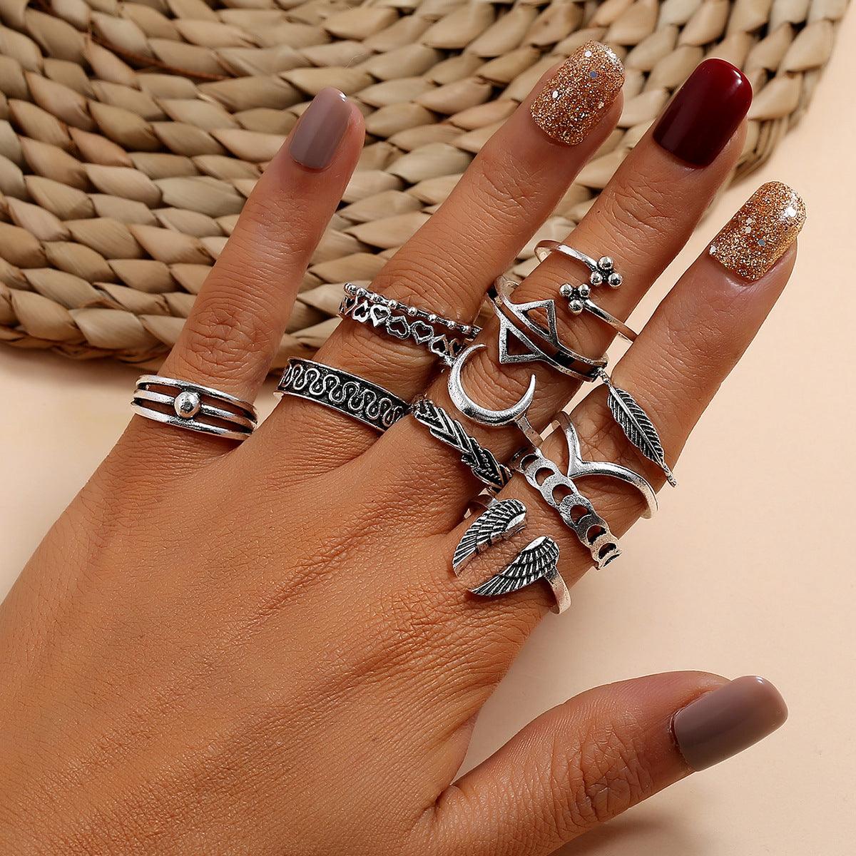 Retro Wings Triangle Moon Geometry Twelve Piece Set Ring - Trendy Mix