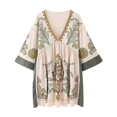 Women's V-neck Loose Embroidered Dress - Trendy Mix