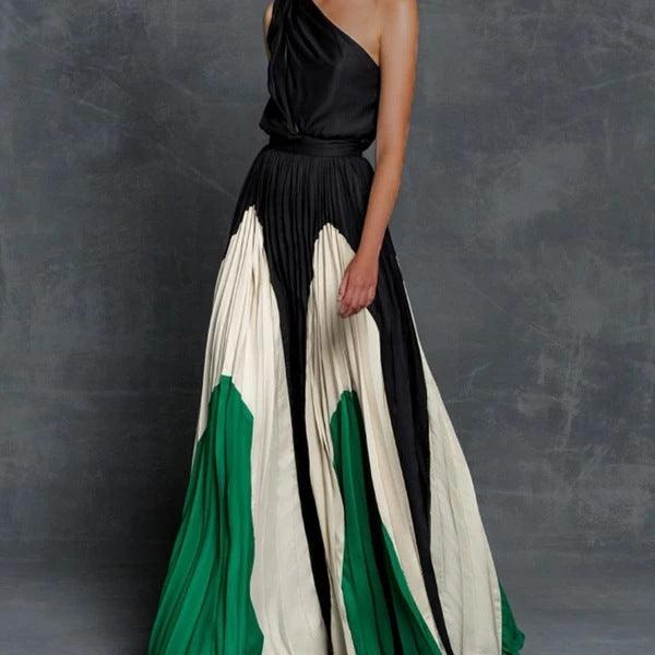 Stitching strapless contrast color long dress - Trendy Mix