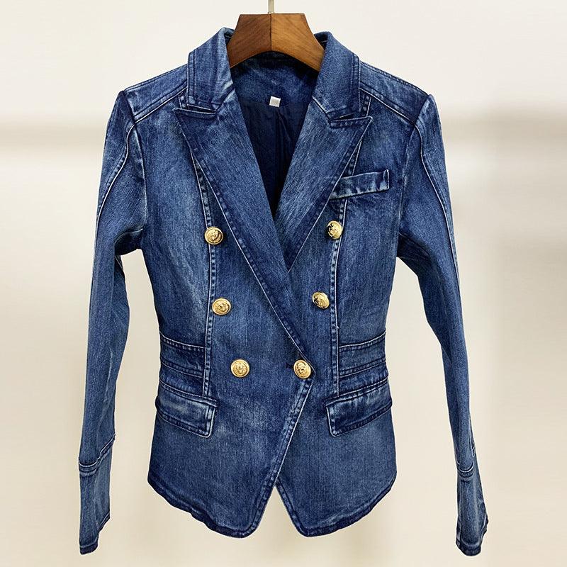 Fashionable Double-breasted Washed Denim Jacket - Trendy Mix