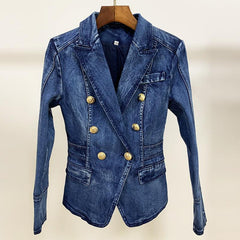 Fashionable Double-breasted Washed Denim Jacket - Trendy Mix