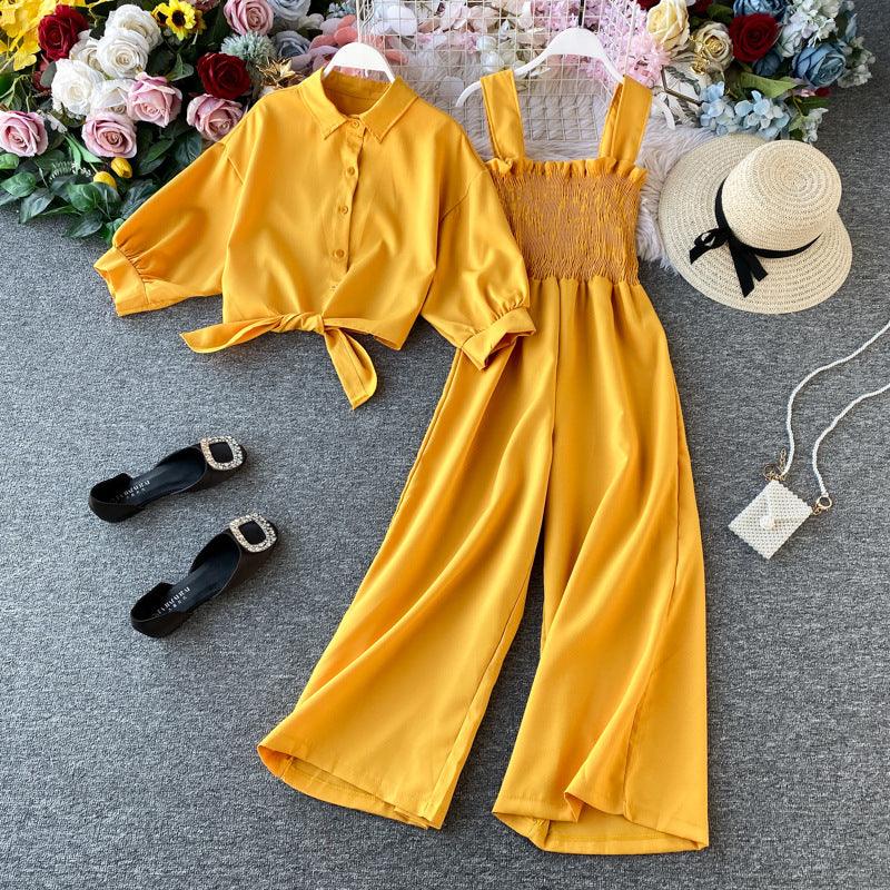 Chic High-Waisted Wide Leg Jumpsuit with Shirt Overlay - Trendy Mix