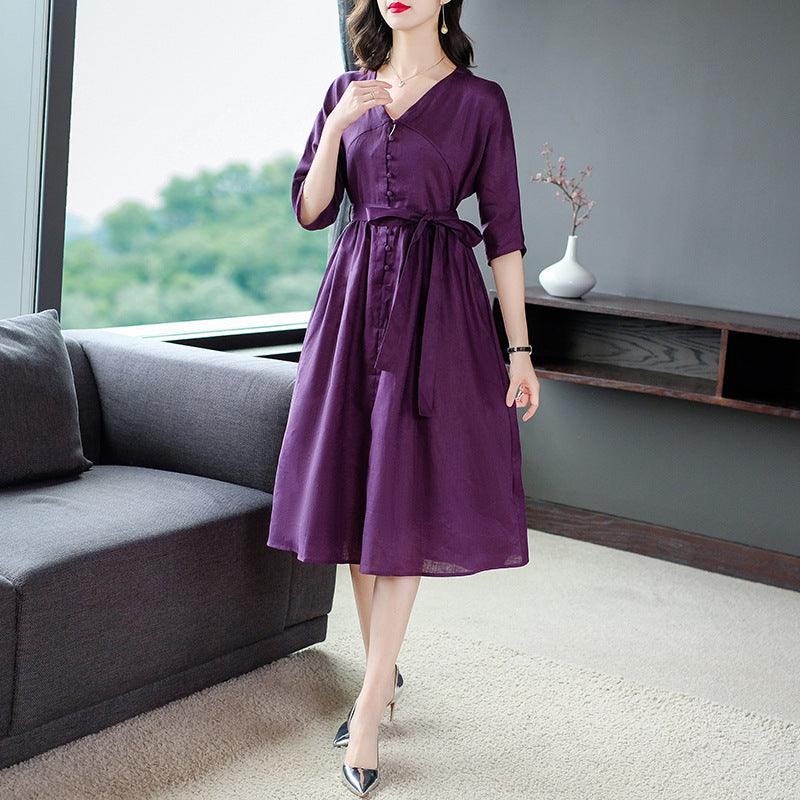 Summer Five-point Sleeve Cotton And Linen Dress - Trendy Mix