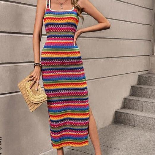 Fashion Casual Striped Sleeveless Square Collar Dress Women - Trendy Mix