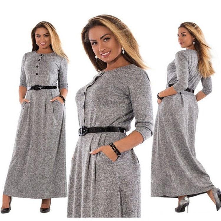 Autumn Clothes Plus Size Women's Clothes Dress Solid Color Long Sleeve High Waist Belt - Trendy Mix