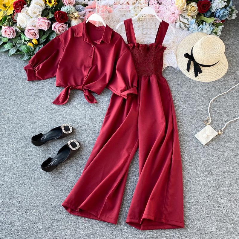 Chic High-Waisted Wide Leg Jumpsuit with Shirt Overlay - Trendy Mix