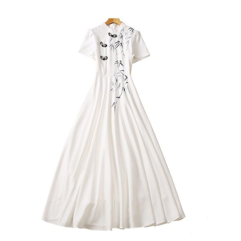 White Bamboo Leaf Printing New National Fashion Stand Collar Dress - Trendy Mix