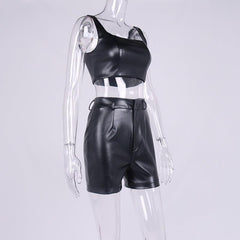 Crop Vest Shorts Leather Jacket Leather Pants Two-piece Set - Trendy Mix