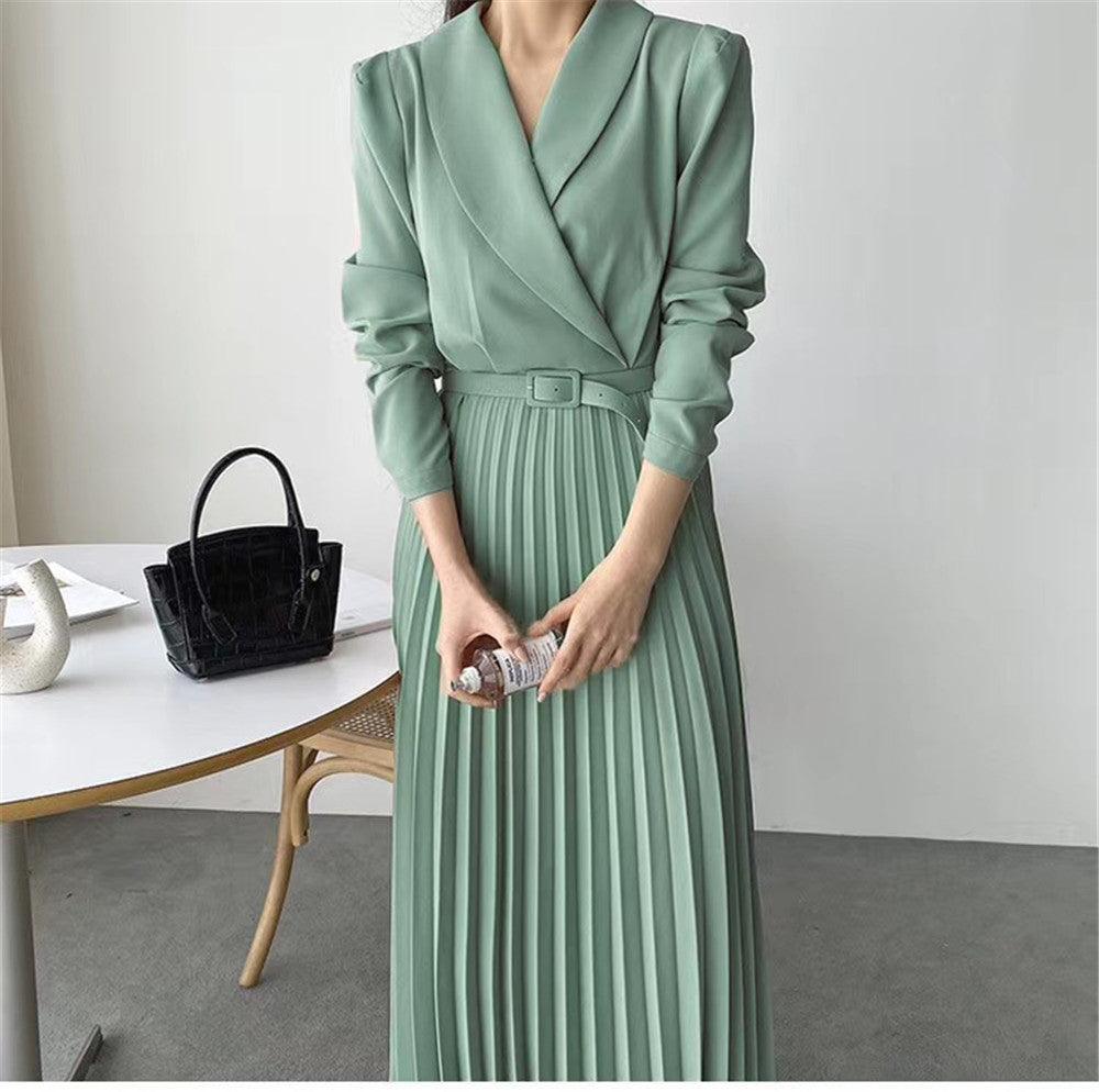 Waist Slimming Suit Tie Long Sleeve Pleated Dress - Trendy Mix