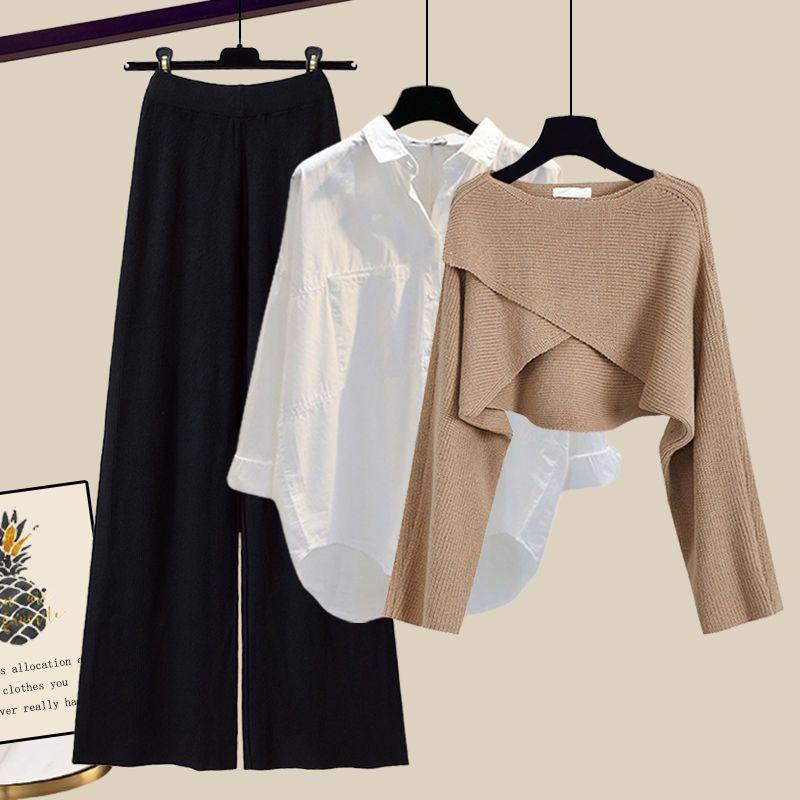 Knitted Sweater Shirt Wide Leg Pants Three-piece Set Autumn And Winter Suit Women - Trendy Mix