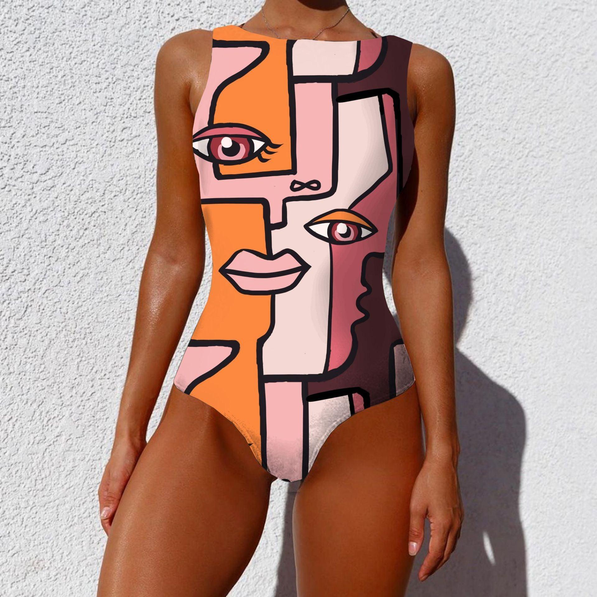 Siamese Bikini Personality Abstract Print Pass - Trendy Mix