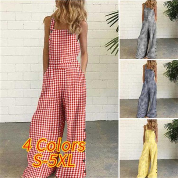 Checked Wide-Leg Casual Jumpsuit with Side Pockets - Trendy Mix