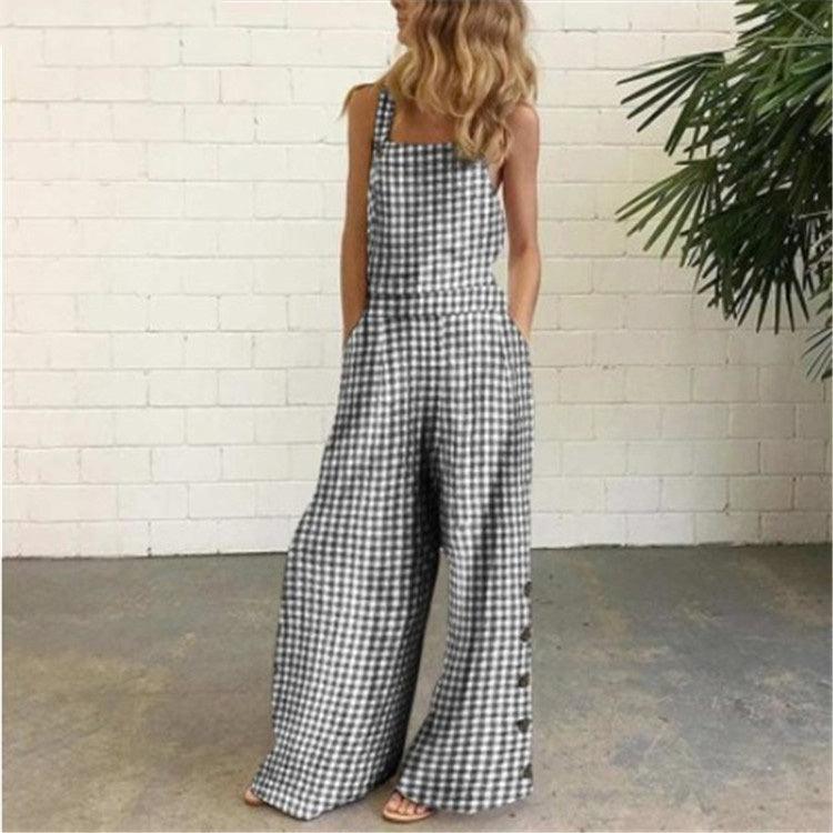 Checked Wide-Leg Casual Jumpsuit with Side Pockets - Trendy Mix