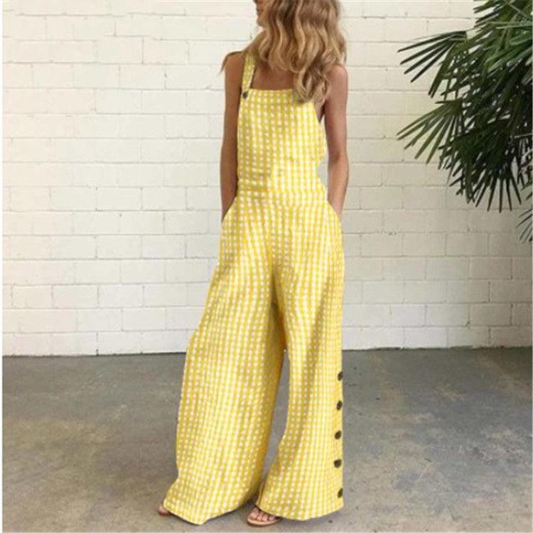 Checked Wide-Leg Casual Jumpsuit with Side Pockets - Trendy Mix