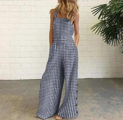 Checked Wide-Leg Casual Jumpsuit with Side Pockets - Trendy Mix