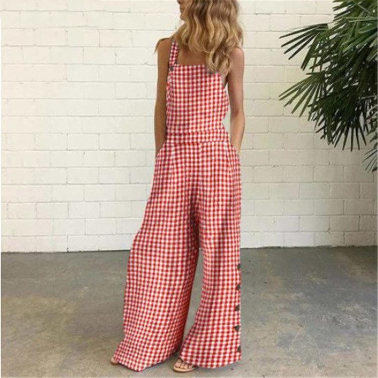 Checked Wide-Leg Casual Jumpsuit with Side Pockets - Trendy Mix