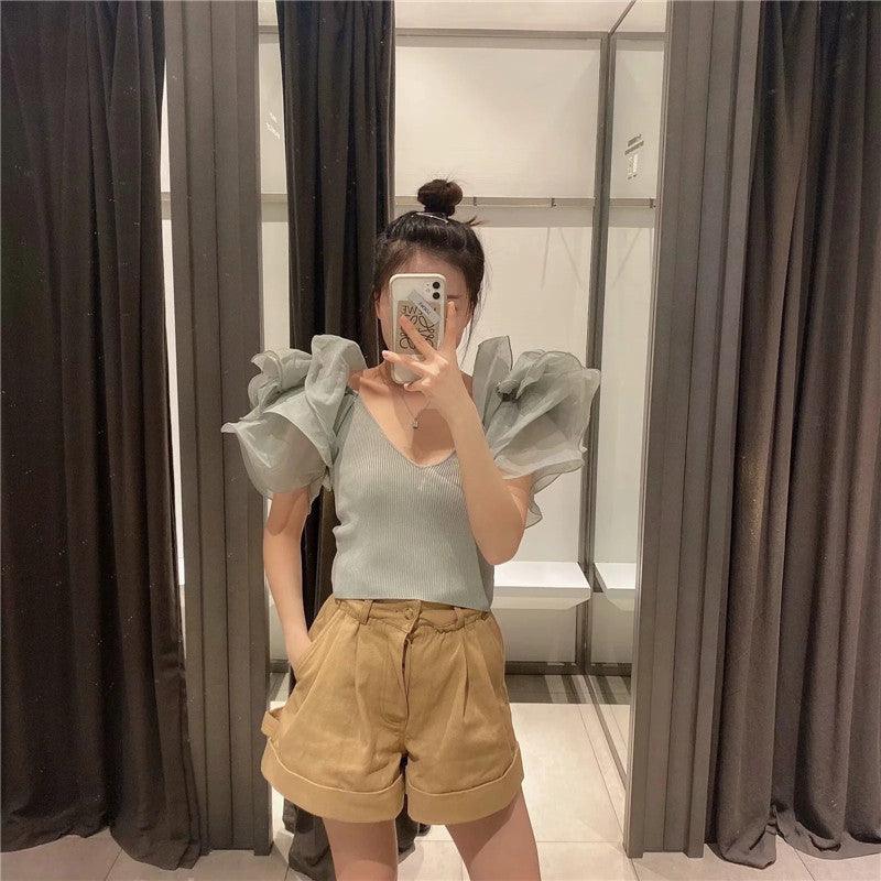 Organza Short Sleeve Slim Fit Short Crop Top - Trendy Mix