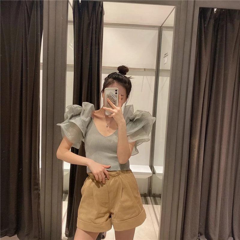 Organza Short Sleeve Slim Fit Short Crop Top - Trendy Mix