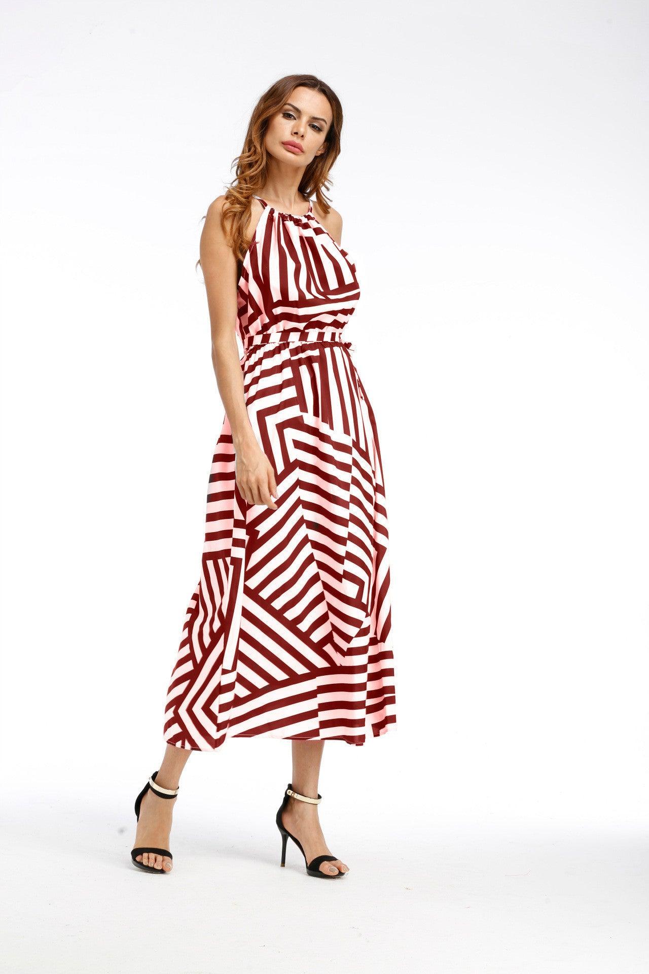 Ladies Printed Loose Dress With Suspenders And Large Swing Skirt - Trendy Mix