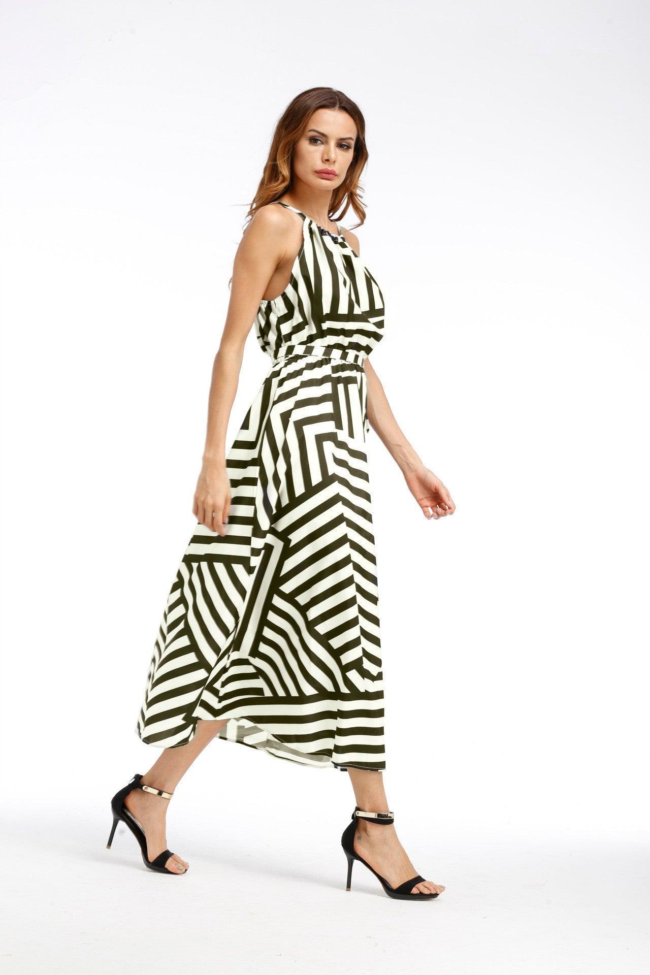 Ladies Printed Loose Dress With Suspenders And Large Swing Skirt - Trendy Mix