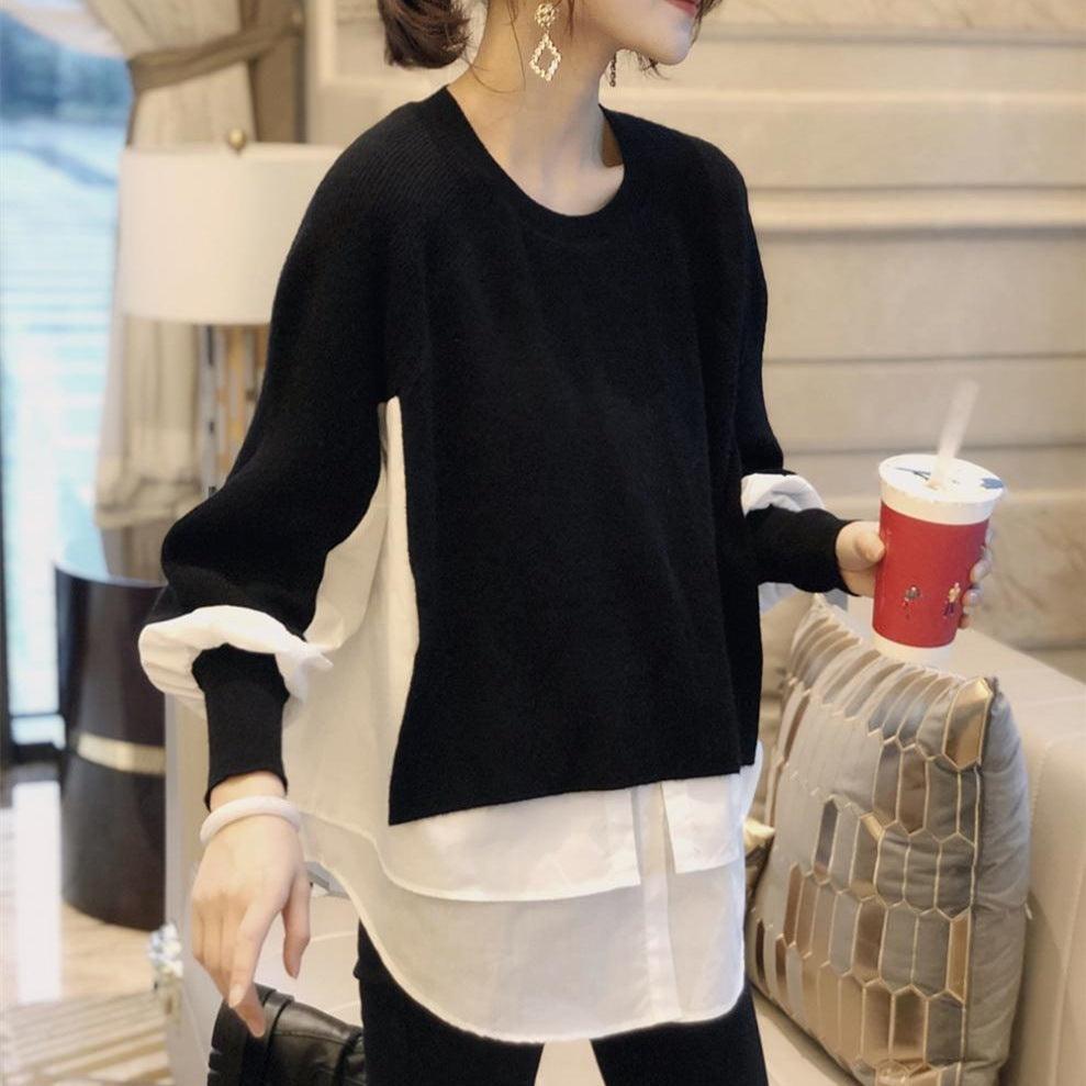 Europe Station Autumn And Winter Women Sweater Splicing Shirt Fake Two-piece Set Of Women Foreign Style Knitted Top Fashion Wholesale - Trendy Mix