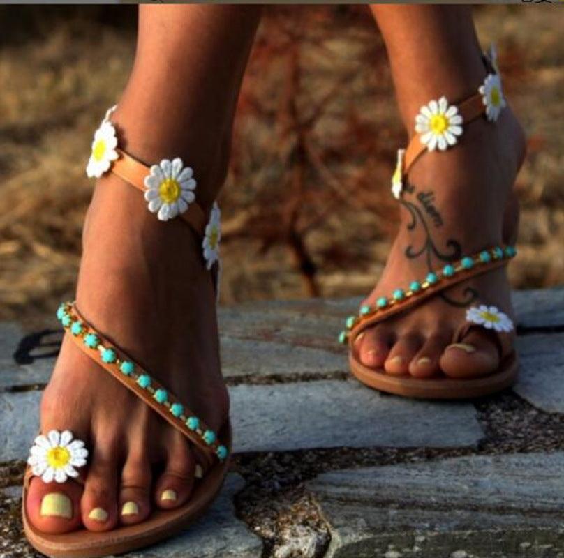 Handcrafted Rhinestone-Embellished Flat-Bottom Sandals with Floral Design for Women- Collection - Trendy Mix