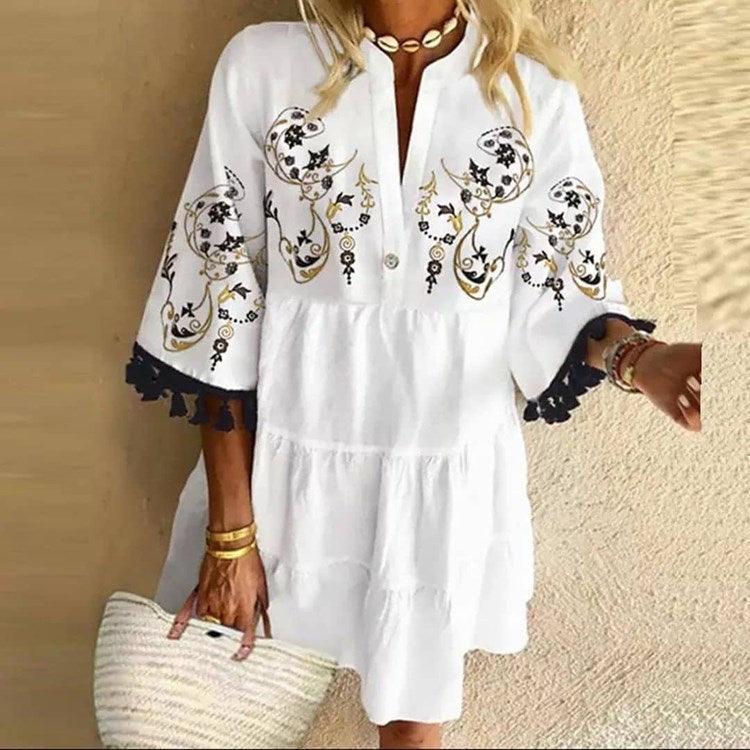 European And American Printed V-neck Short Dress - Trendy Mix