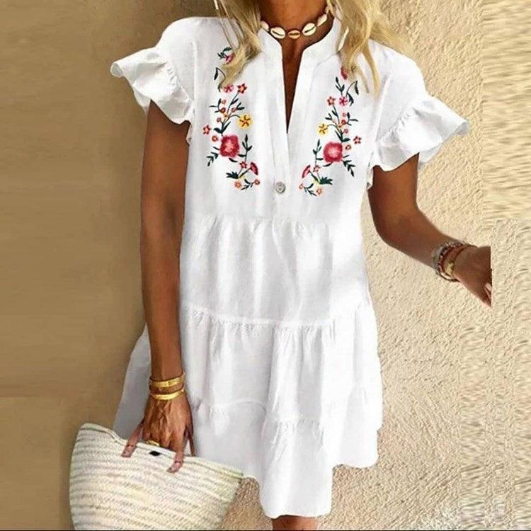 European And American Printed V-neck Short Dress - Trendy Mix