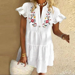 European And American Printed V-neck Short Dress - Trendy Mix