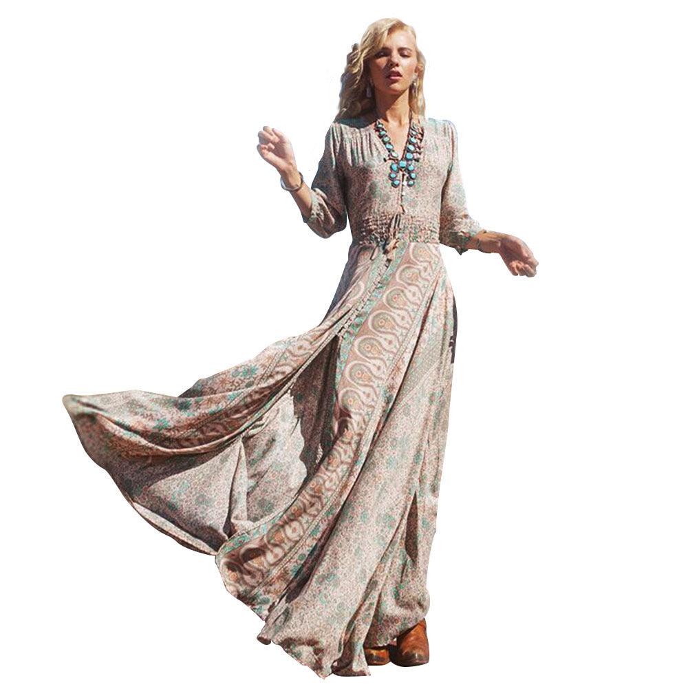 Printed 3 4 Sleeve Elastic Waist Dress - Trendy Mix