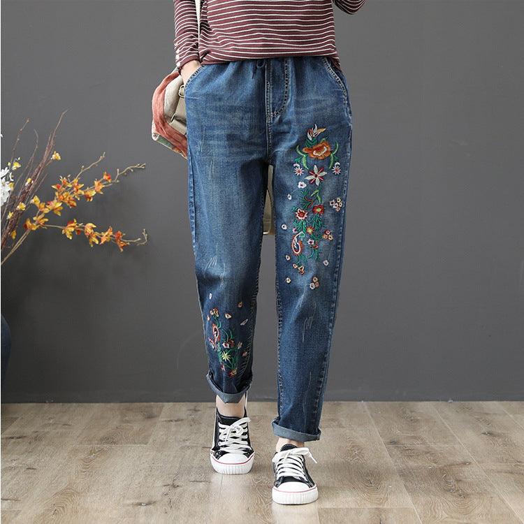 Embroidered Elastic Waist Wide Loose Jeans - Trendy Mix