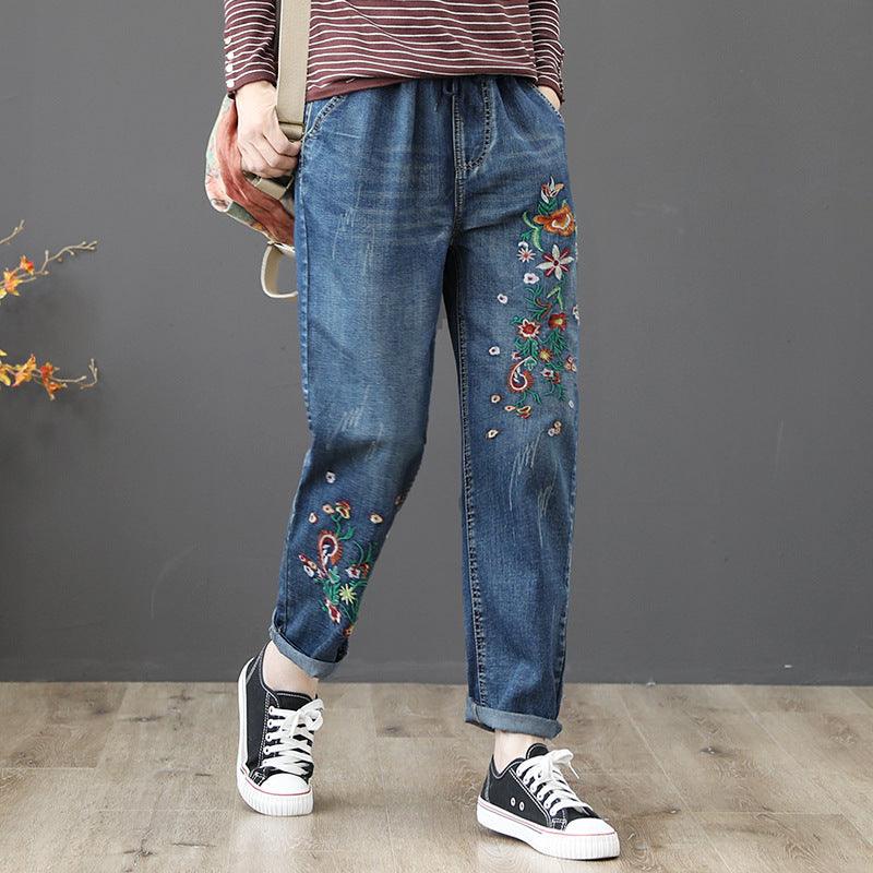 Embroidered Elastic Waist Wide Loose Jeans - Trendy Mix