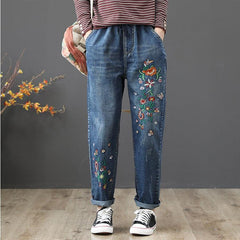 Embroidered Elastic Waist Wide Loose Jeans - Trendy Mix