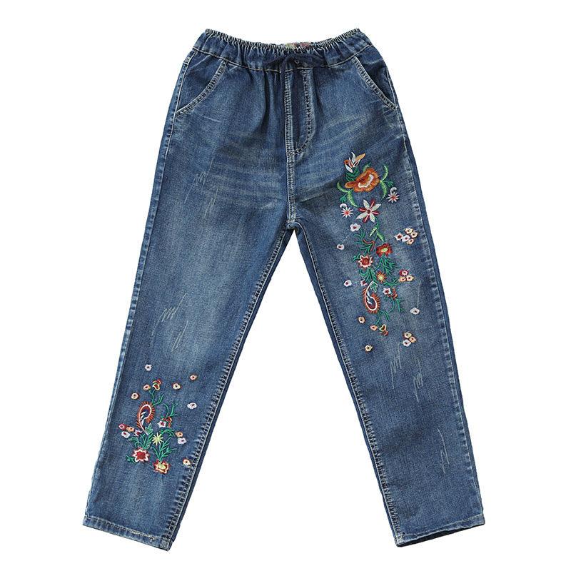 Embroidered Elastic Waist Wide Loose Jeans - Trendy Mix