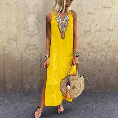 Loose Cotton And Linen Bohemian Sexy Sleeveless V Neck Side Slit Dress Women - Trendy Mix