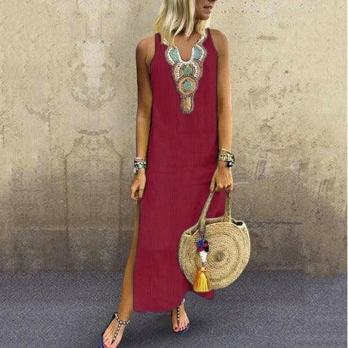 Loose Cotton And Linen Bohemian Sexy Sleeveless V Neck Side Slit Dress Women - Trendy Mix