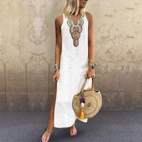 Loose Cotton And Linen Bohemian Sexy Sleeveless V Neck Side Slit Dress Women - Trendy Mix