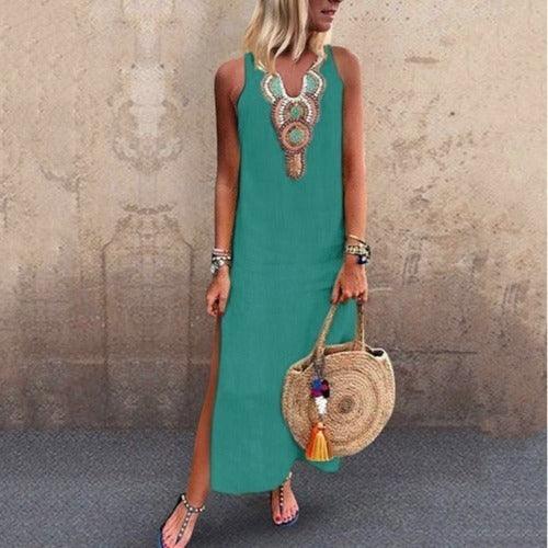 Loose Cotton And Linen Bohemian Sexy Sleeveless V Neck Side Slit Dress Women - Trendy Mix