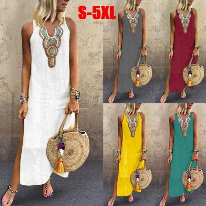 Loose Cotton And Linen Bohemian Sexy Sleeveless V Neck Side Slit Dress Women - Trendy Mix