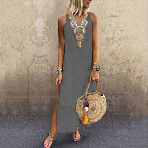 Loose Cotton And Linen Bohemian Sexy Sleeveless V Neck Side Slit Dress Women - Trendy Mix