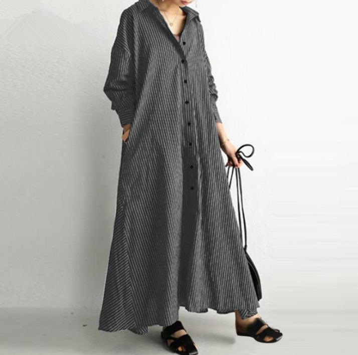 New Literary Style Cotton And Linen Striped Lapel Long-sleeved Pockets Simple Loose Casual Long Shirt Dress - Trendy Mix