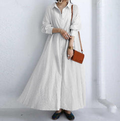 New Literary Style Cotton And Linen Striped Lapel Long-sleeved Pockets Simple Loose Casual Long Shirt Dress - Trendy Mix