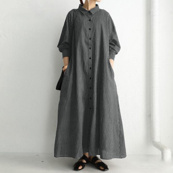 New Literary Style Cotton And Linen Striped Lapel Long-sleeved Pockets Simple Loose Casual Long Shirt Dress - Trendy Mix