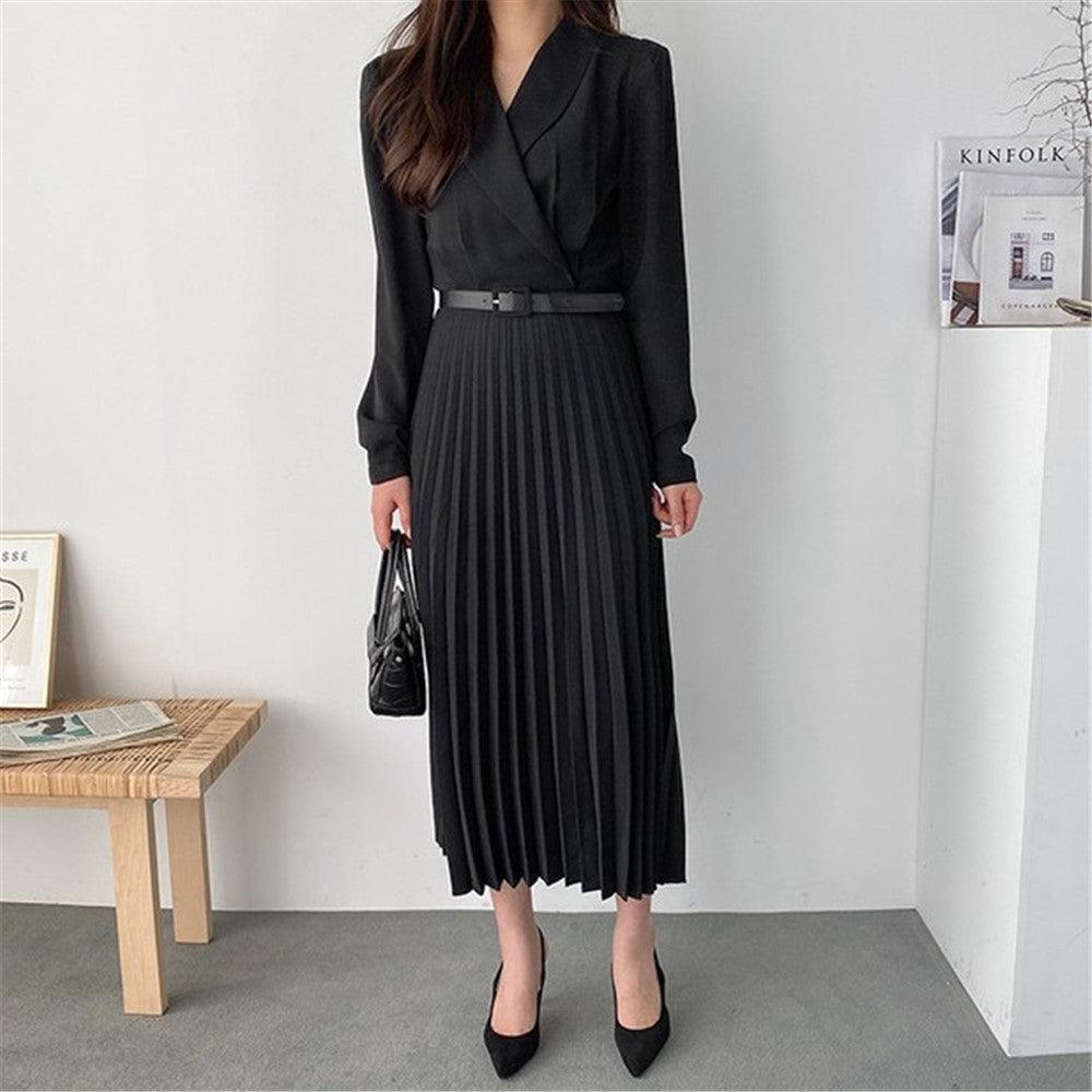 Waist Slimming Suit Tie Long Sleeve Pleated Dress - Trendy Mix